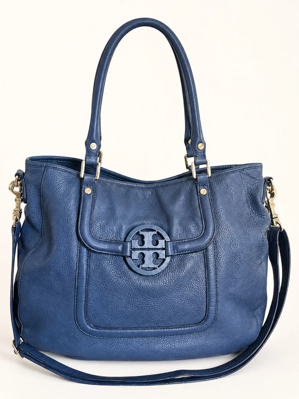 Tory Burch Amanda Classic Handle Blue Leather Hobo Crossbody Bag